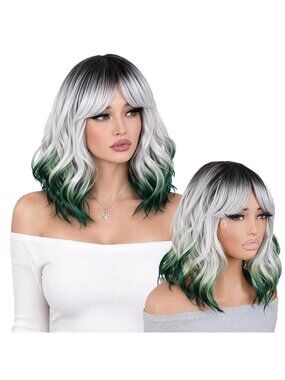 Women's Colorful Shoulder Ombre Bob Party Wig with Bangs Short Curly Synthetic